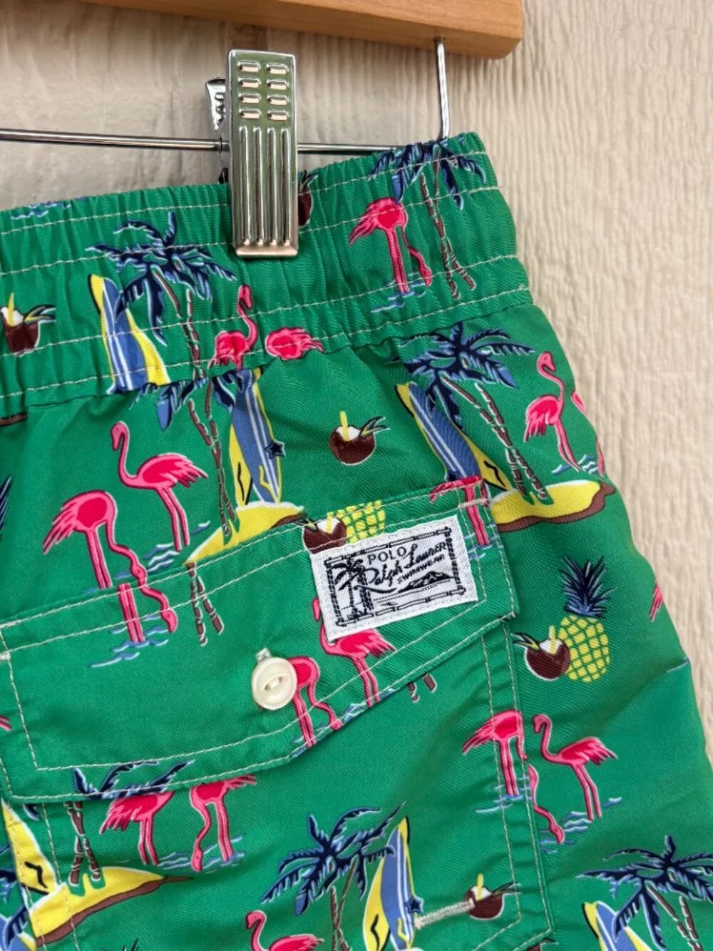 Polo Ralph Lauren Traveler Swim Trunks Men's Medium Green Flamingo Lined Summer